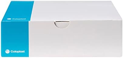 Coloplast flat one-piece ostomy bag highlighting the cut-to-fit measurement lines from 10 millimetres to 55 millimetres on the release liner.