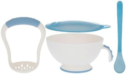 Nuby baby food preparation bowl with blue lid and long handle feeding spoon close up