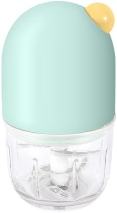 DAKONG mini electric food processor displaying the six blade stainless steel cutting assembly detached from the glass bowl.