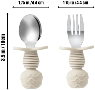 Toddler hands holding PandaEar ergonomic stainless steel fork