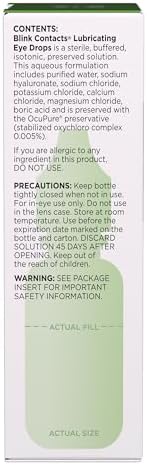 Back label of Blink eye drops showing electrolyte ingredients and usage directions for contact lenses.