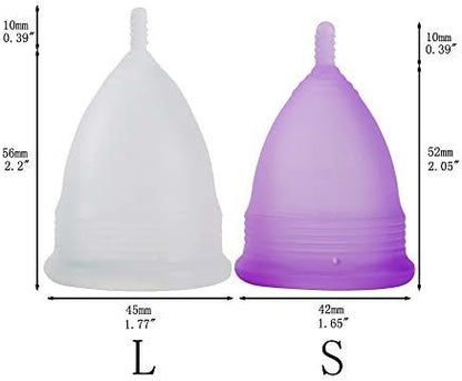 Purple and white medical grade silicone period cups in small and large sizes