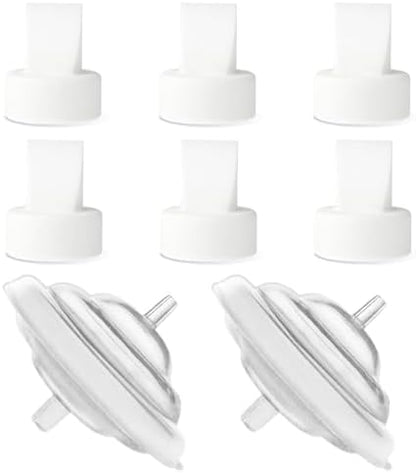Silicone duckbill valves and clear backflow protectors arranged flat on white background