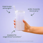 Close up of Bloom Nutrition micronized creatine powder texture and color