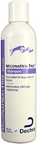 Dechra MiconaHex Plus Triz Medicated Shampoo back view displaying active ingredients and directions.