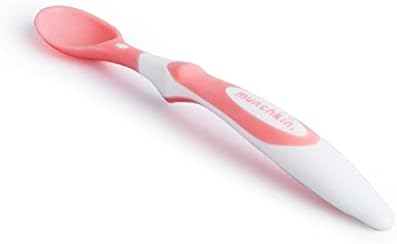 Six piece set of authentic imported Munchkin infant spoons displaying the built-in table rest.