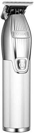 Close-up of the zero-gapped high carbon-steel T-blade on the cordless Kemei beard trimmer.