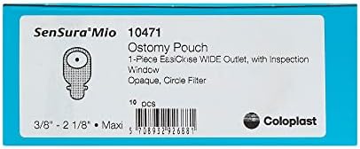 Coloplast medical ostomy care pouch illustrating the wide outlet design open for easy emptying and drainage.