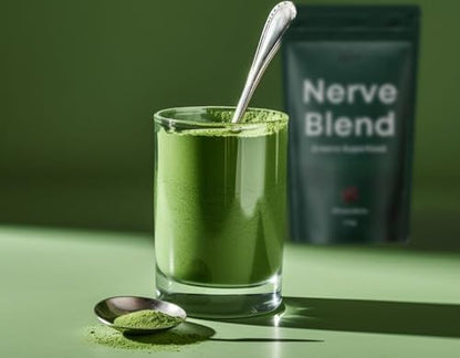 The Nerve Brand peripheral neuropathy supplement bag displaying the superfoods and functional mushroom blend callouts.