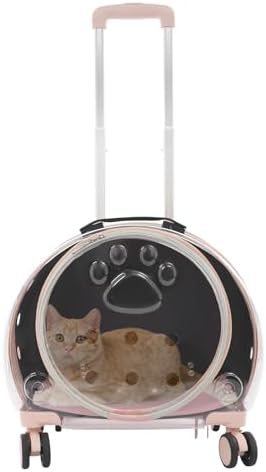 Side angle of rolling cat travel case highlighting the ventilation holes and wheels