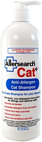 Hypoallergenic cat shampoo for dander removal 16 ounce packaging.