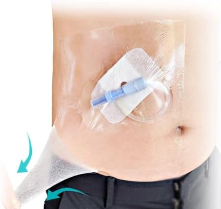Waterproof PU film ostomy cover showing non-adherent center pad detail.