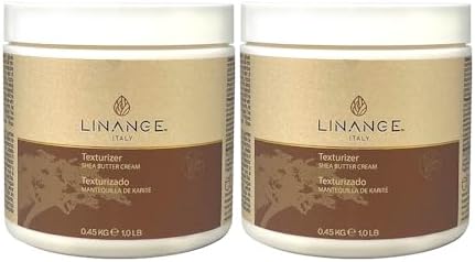 Side angle view of the professional Linange shea butter hair relaxer cream twin pack formulation.