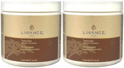 Side angle view of the professional Linange shea butter hair relaxer cream twin pack formulation.