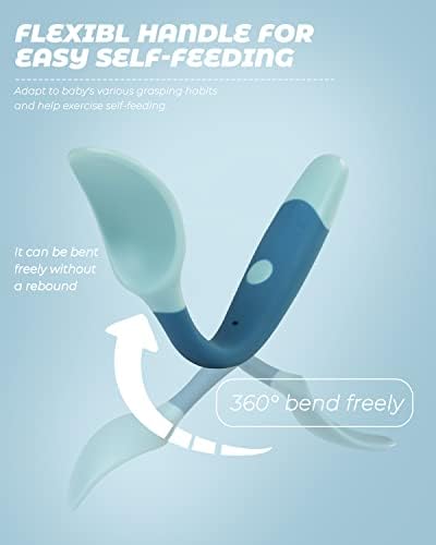 Toddler hand holding the ergonomically shaped DF DUALFERV flexible self feeding silicone spoon
