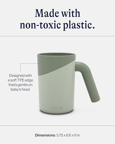 Ergonomic easy grip handle on the Lalo lightweight bath pitcher