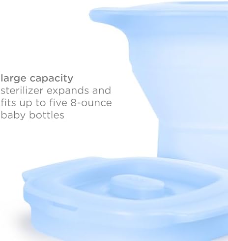 Ubbi silicone steam bag and wash bin filled with five baby bottles and breast pump accessories for sanitization.