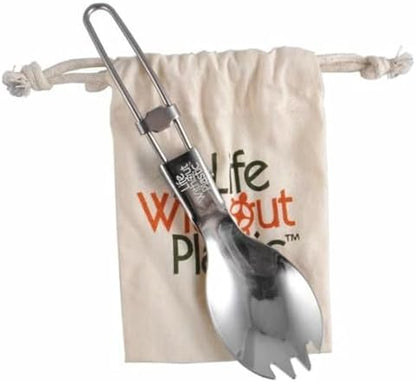 Stainless steel foldable travel spork in open and closed position