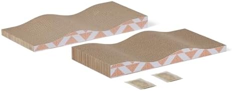 Amazon Basics corrugated cat scratcher board with orange geometric pattern side details.