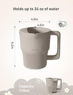 Close-up of the easy-grip handle and ribbed design on the Roslim infant shampoo mug.
