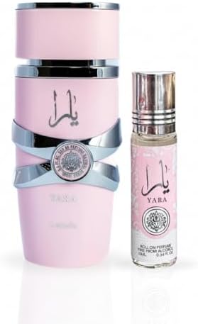 Lattafa Yara one hundred milliliter Eau de Parfum spray bottle with distinctive pink design and silver metallic accents