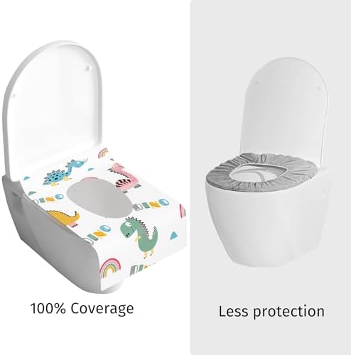 YOUNGTIME waterproof toddler restroom shield unfolded over a standard public toilet seat demonstrating its extra large coverage area.