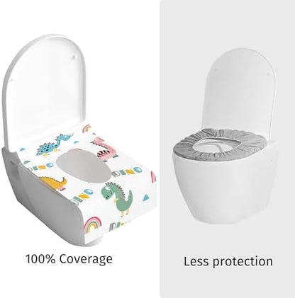 YOUNGTIME waterproof toddler restroom shield unfolded over a standard public toilet seat demonstrating its extra large coverage area.