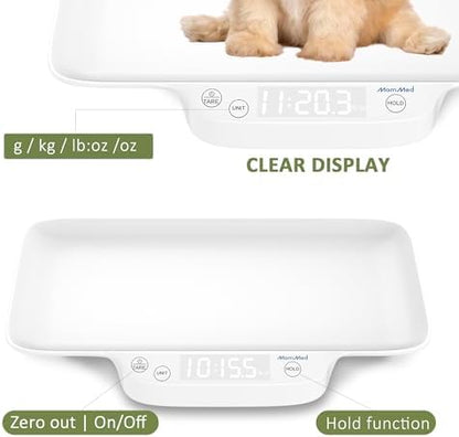 MomMed digital scale with a soft blanket placed on the tray demonstrating the zero reset tare function.