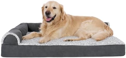 Furhaven Orthopedic Dog Bed for Large Dogs w/ Removable Bolsters & Washable Cover, For Dogs Up to 95 lbs - Two-Tone Plush Faux Fur & Suede L Shaped Chaise - Stone Gray, Jumbo/XL - Image 2