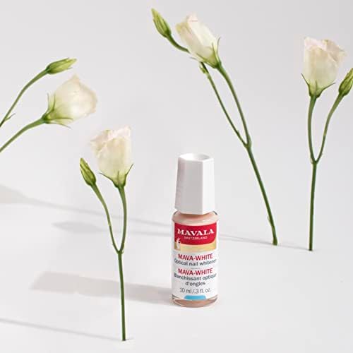 Mavala Mava-White formula bottle with the application brush demonstrating the texture of the optical whitener.