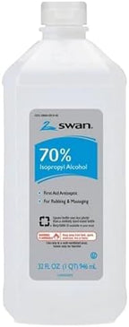 Two plastic bottles of Swan rubbing alcohol showing product specifications and volume details.