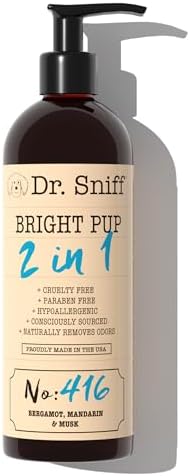 Dr. Sniff Bright Pup pet grooming formula bottle showing ingredients