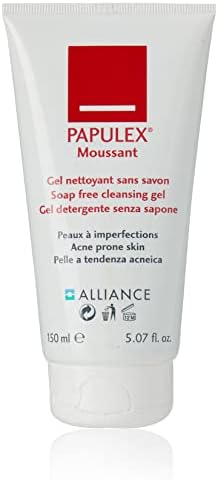 Papulex soap free face and body wash tube showcasing Niacinamide ingredient details
