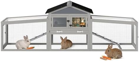 COZIWOW Large 92IN Outdoor Rabbit Hutch with 3 Run Boxes, Weatherproof Bunny Cage with Asphalt Roof & Sunlight Panels, Hands-Free Clean Tray & Metal Wire Mesh, 2-Tier Rest & for 2-3 Rabbits, Grey - Image 3