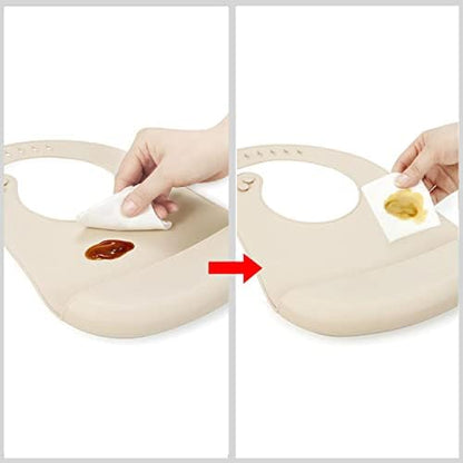 PandaEar durable food grade silicone baby bib flat layout showing the wide protective coverage area