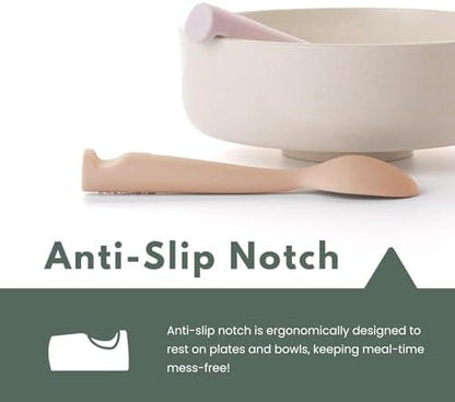 Close up look at the soft flexible tip of the non toxic BPA free toddler training spoon.