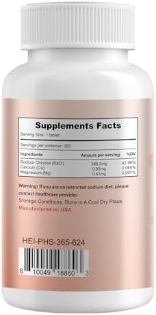 Side angle of Heivy Himalayan mineral supplement bottle illustrating ingredient details and sodium chloride content specifications.