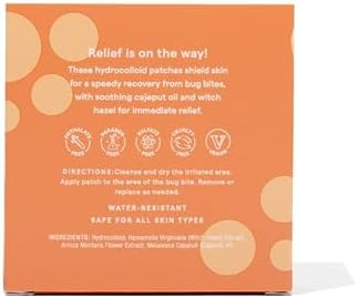 Kinfield hydrocolloid insect bite patches sheet displaying multi sized clear waterproof rounds for targeted skin protection.