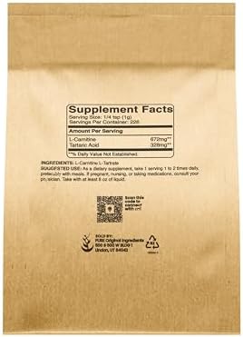 Pure Original Ingredients L-Carnitine L-Tartrate Powder back nutritional label view.