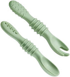 PandaEar self-feeding baby cutlery set displayed together to highlight the integrated anti-choke safety barrier design.