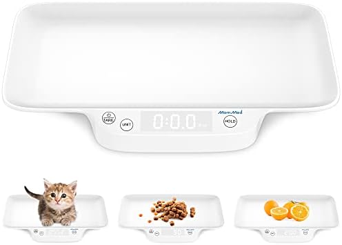 MOMMED portable puppy and kitten weighing machine with hold function button highlighted on the control panel.