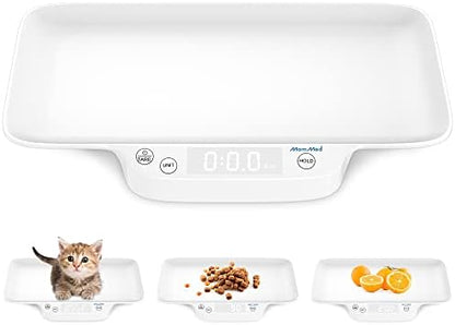 MOMMED portable puppy and kitten weighing machine with hold function button highlighted on the control panel.