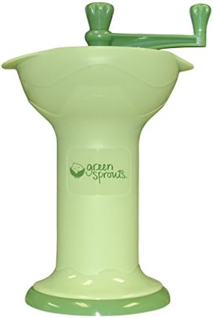 Green Sprouts manual puree maker disassembled to show the stainless steel strainer plate.