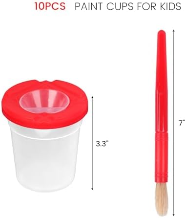 Spill proof art cups with red and blue funnel lids holding toddler paintbrushes.