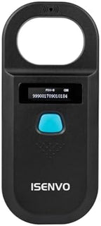 Isenvo animal RFID scanner with backlit OLED display showing ID