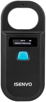 Isenvo animal RFID scanner with backlit OLED display showing ID