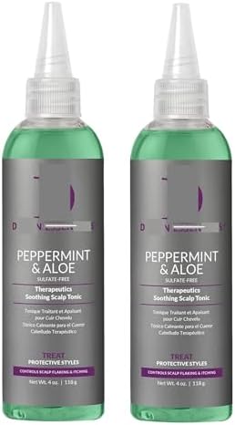 Design Essentials no rinse scalp refresher bottle showing ingredients and protective style application details