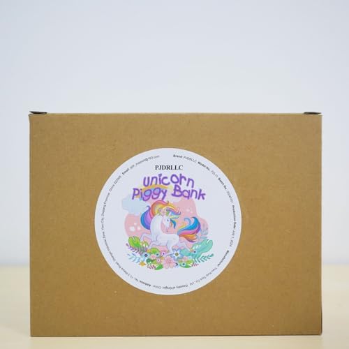 PJDRLLC purple unicorn bank being held by a child to illustrate product size proportions.