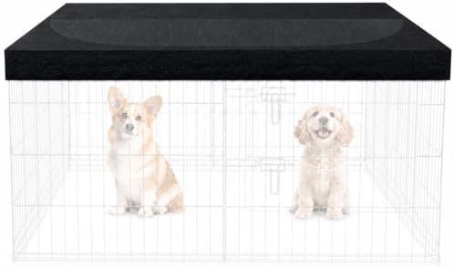 Black 48 by 48 inch pet play yard roof shade attached to an eight panel metal exercise pen outdoors.