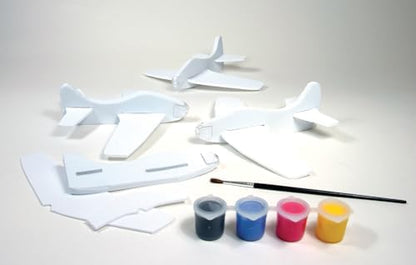 Assembled foam glider plane showing an eighteen centimetre wingspan and protective nose clip